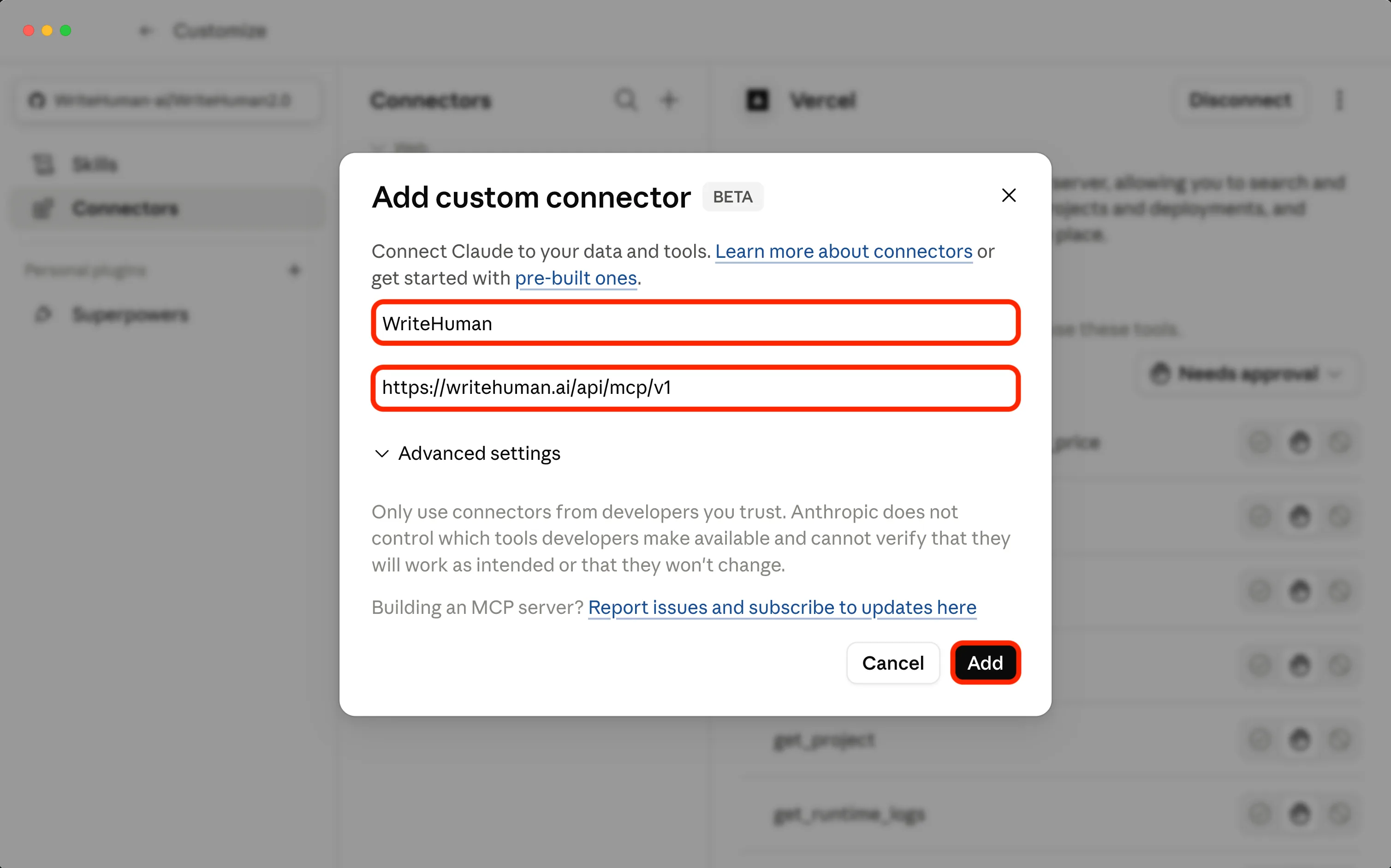The Add custom connector dialog with the name WriteHuman and the MCP server URL filled in