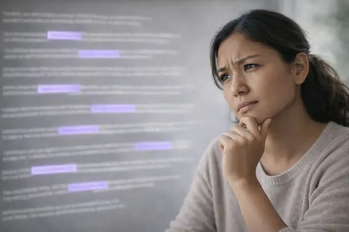 Woman thinking while blurred text with purple highlights floats in background.
