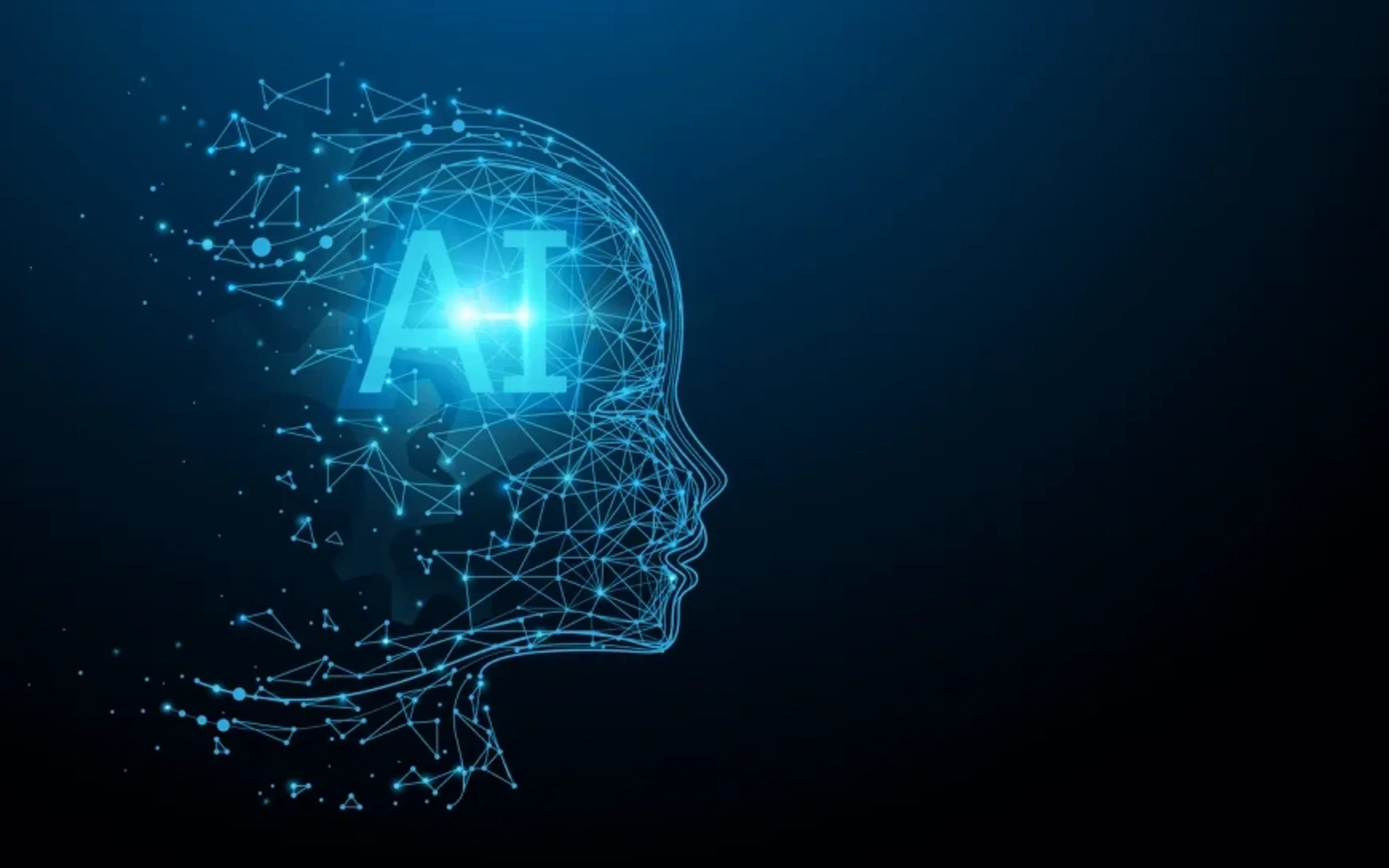 Digital AI head made of network lines with glowing “AI” text.