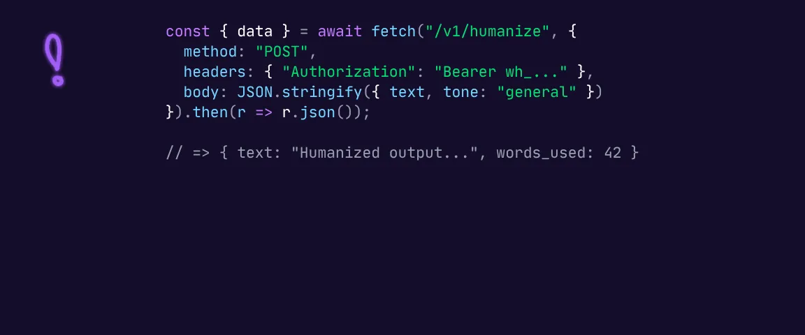 WriteHuman API launch cover photo with JavaScript API request example.