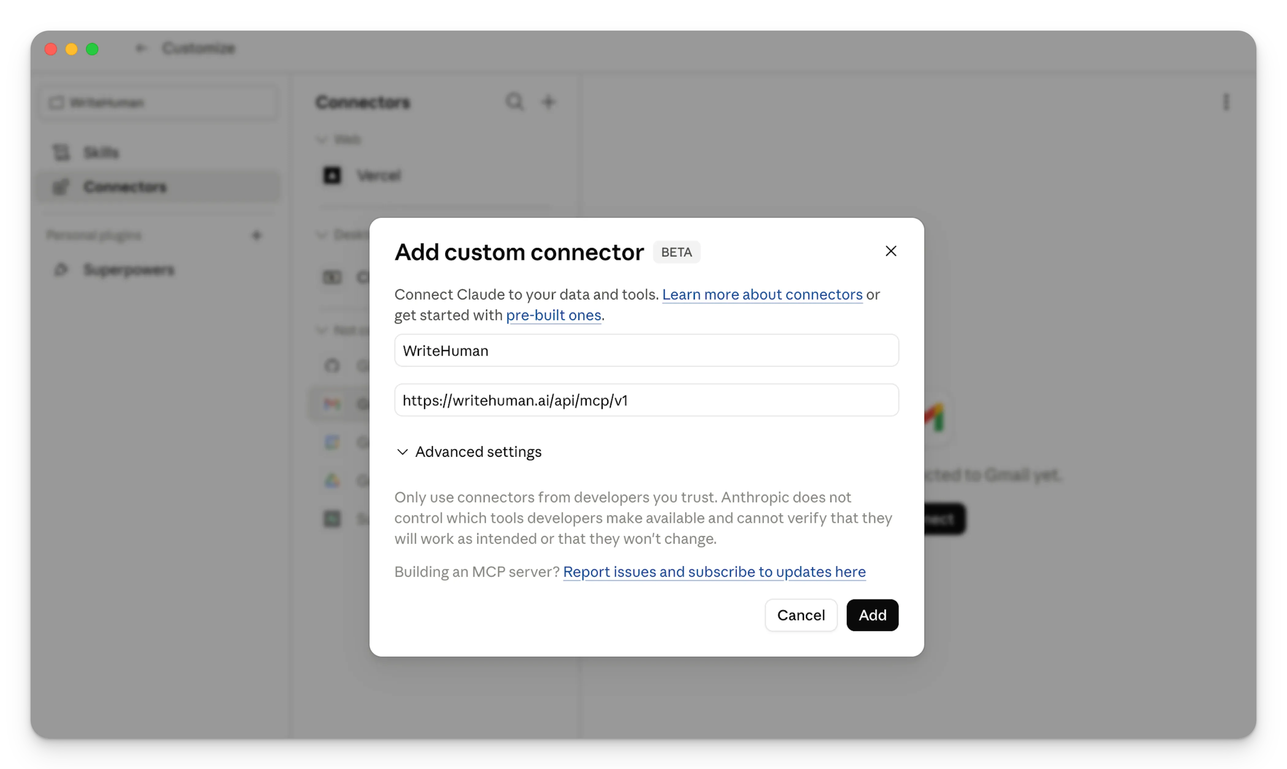 Screenshot of Claude's Add Custom Connector dialog showing the WriteHuman MCP Server URL configured as a custom connector.