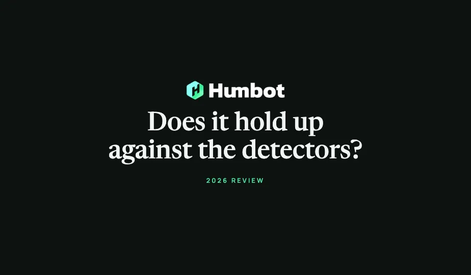 The Humbot logo above the headline 'Does it hold up against the detectors?' with the label '2026 Review' below, in white on a black background.
