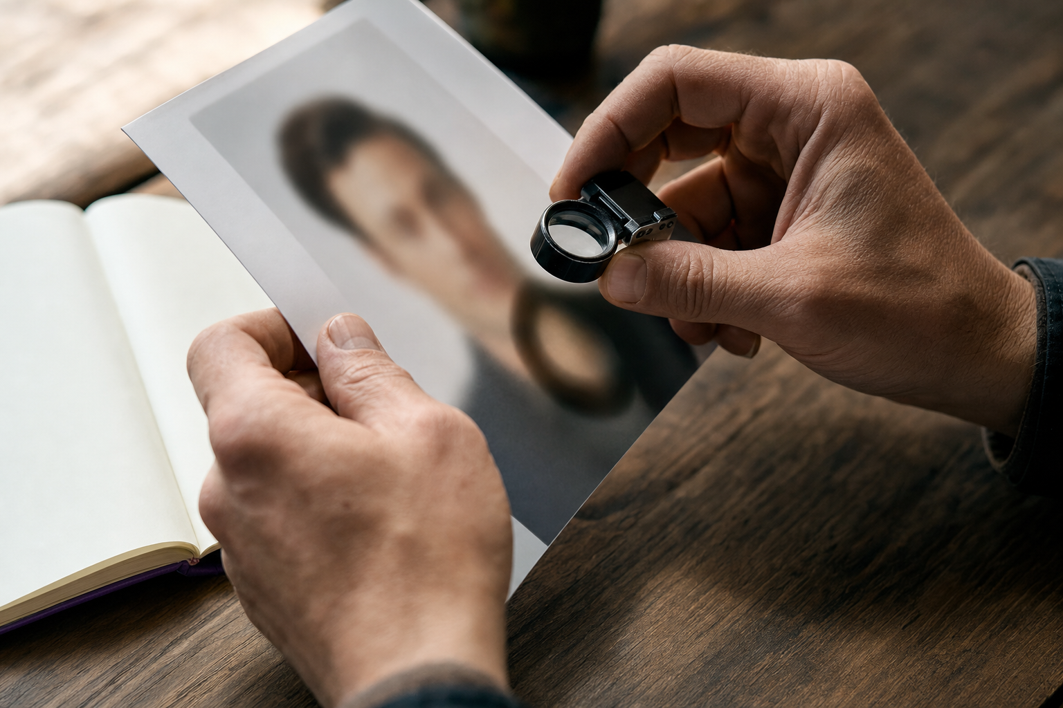 Hands holding a glossy printed headshot with a loupe hovering over it, examined in soft window light.
