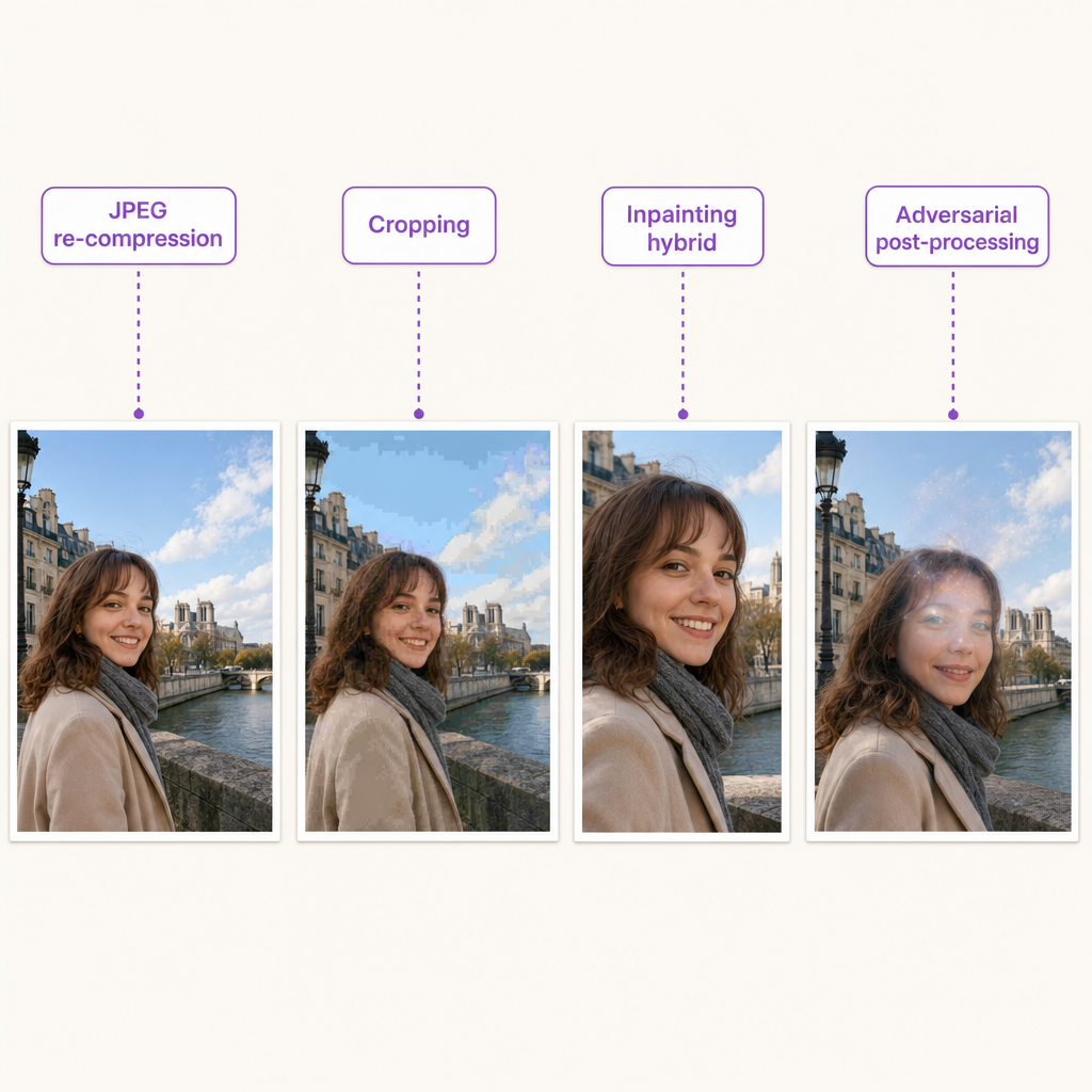 Four image tiles showing AI detector failure modes: JPEG compression artifacts, cropping, inpainting hybrid, and adversarial