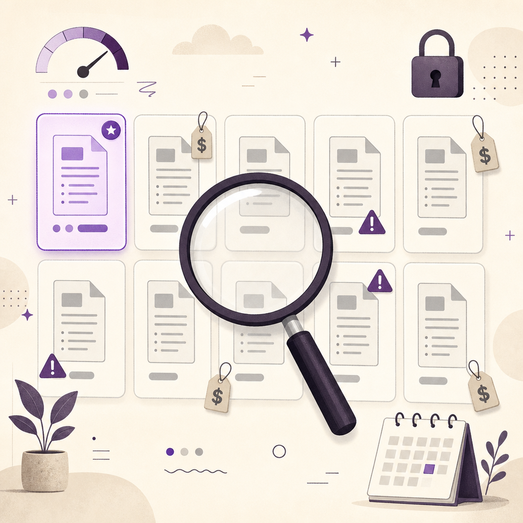 Illustration of ten abstract tool cards on a grid, one highlighted in purple, others showing caution tags and price symbols.