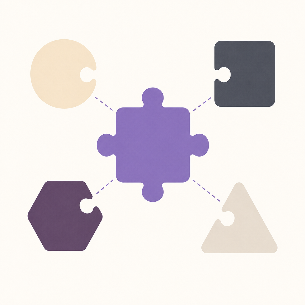 Abstract illustration of five puzzle pieces with a central purple piece connected by dashed lines to four surrounding shapes.