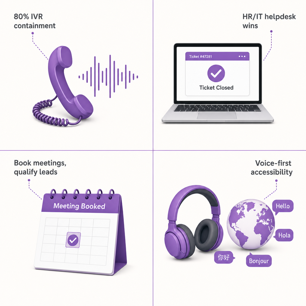 Four-zone flat-lay showing IVR deflection, HR/IT helpdesk, sales outbound, and accessibility use cases for conversational AI.