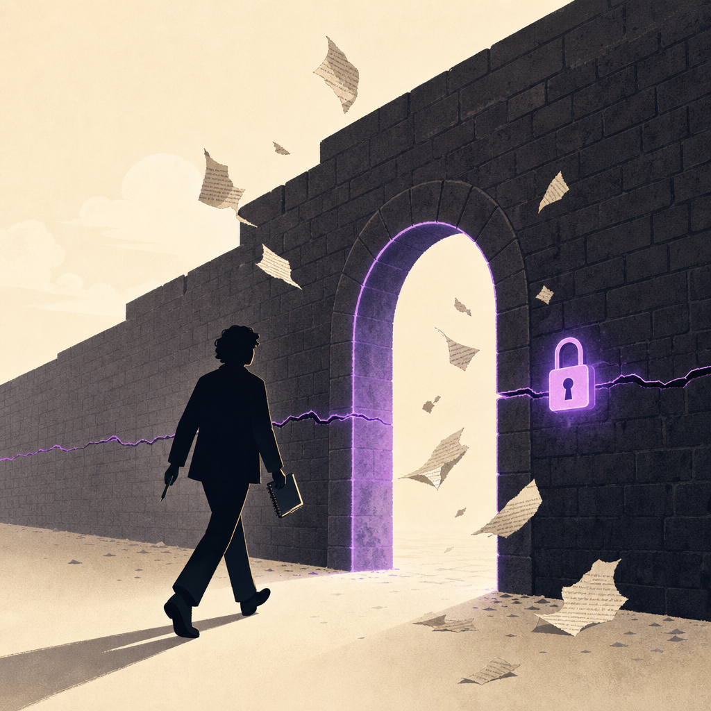 Silhouette of a writer approaching a free-tier archway in a wall, with a glowing purple padlock marking a hidden barrier mid-